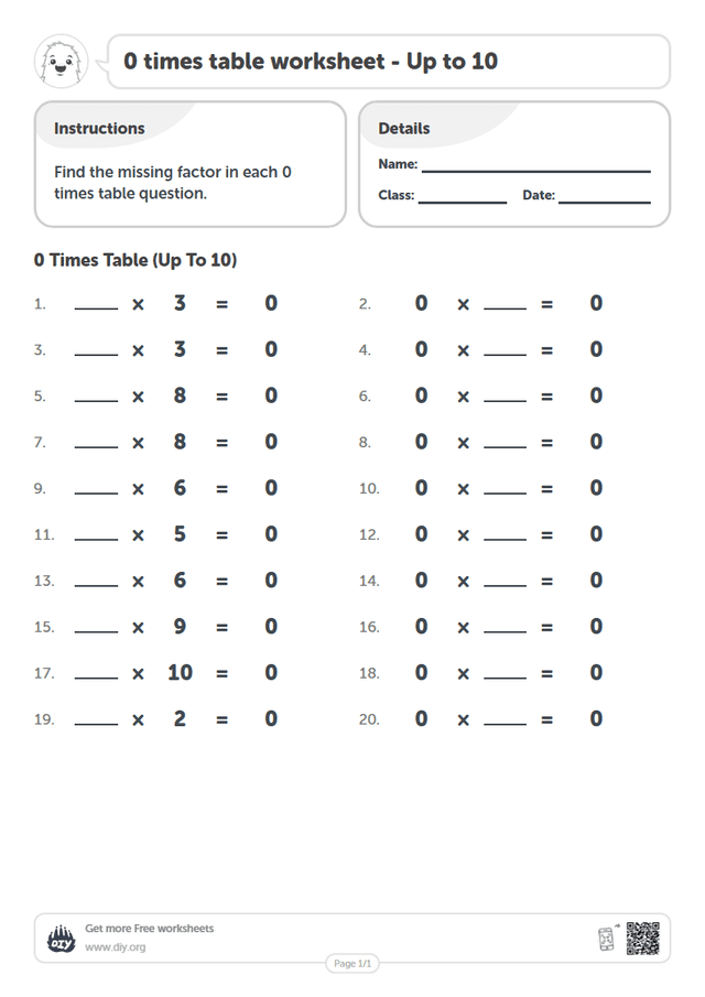 0 times table page 1