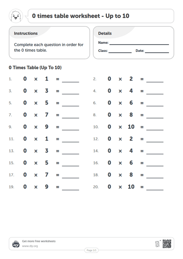 0 times table page 1