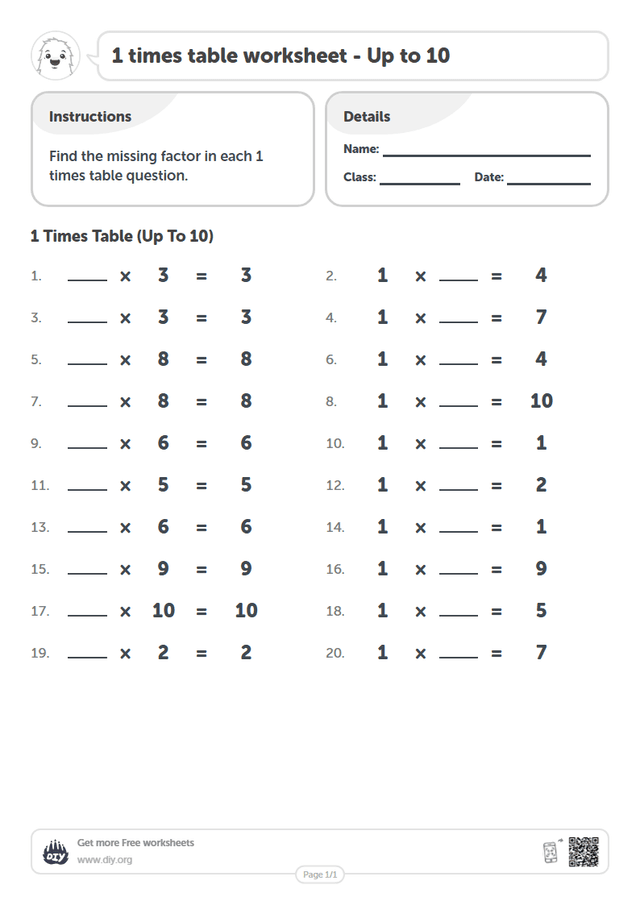 1 times table page 1