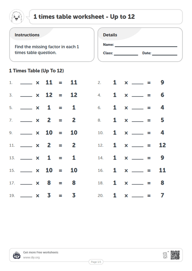 1 times table page 1