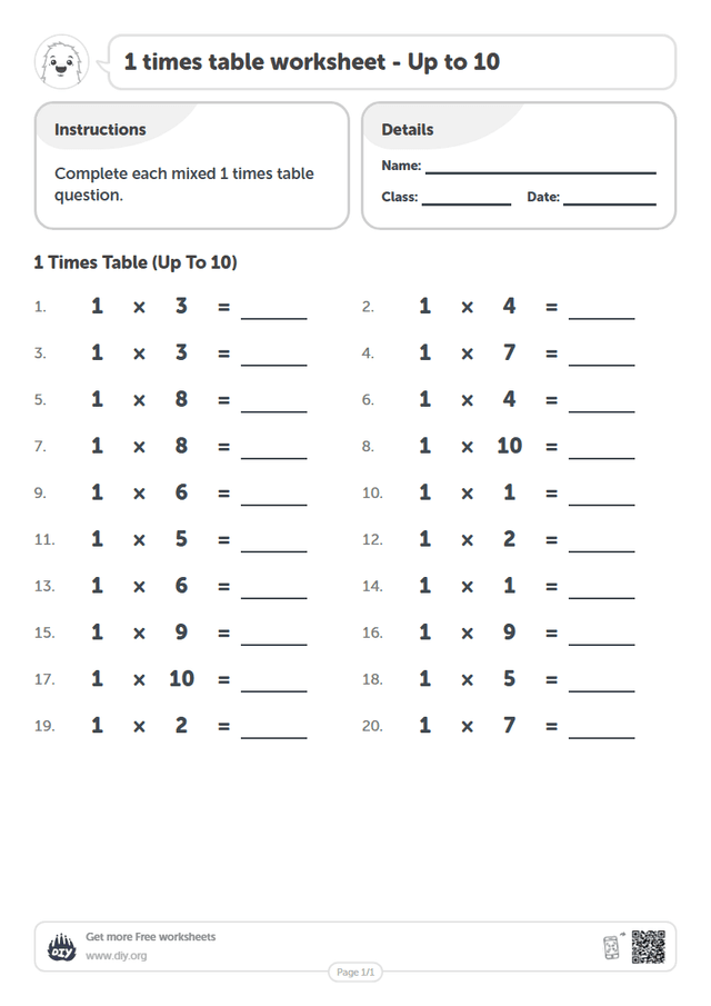 1 times table page 1