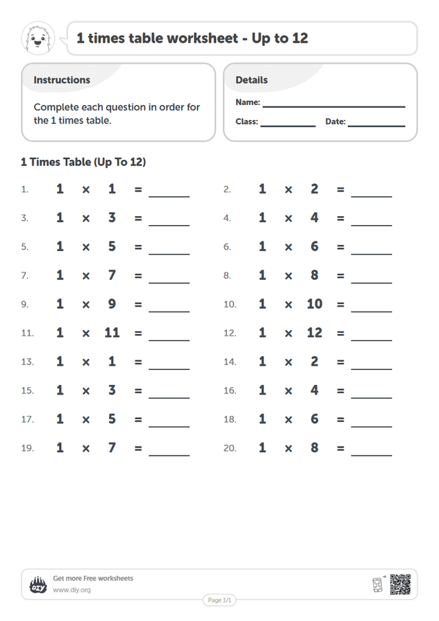 1 times table page 1