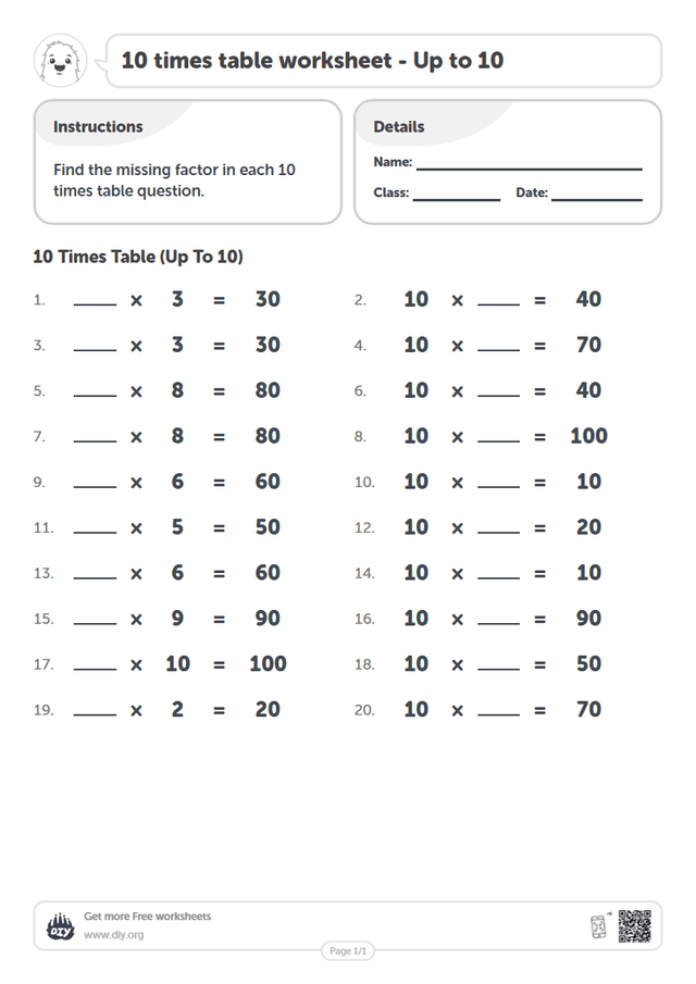 10 times table page 1