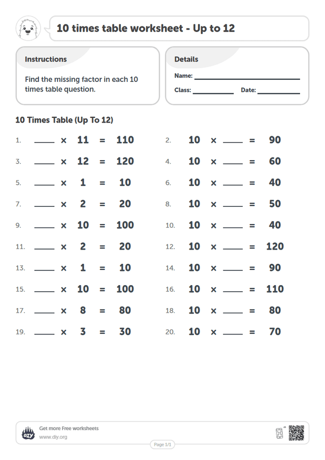 10 times table page 1