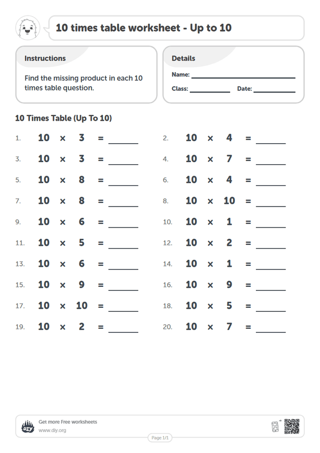 10 times table page 1