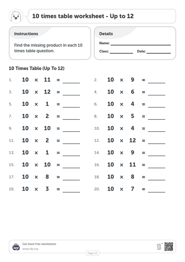 10 times table page 1