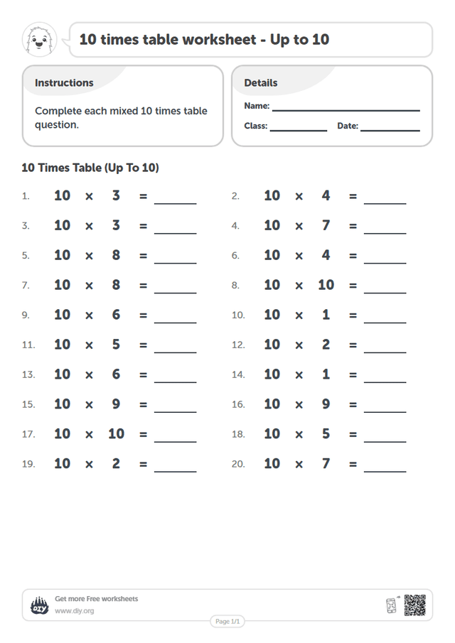 10 times table page 1