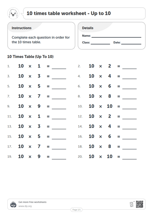 10 times table page 1
