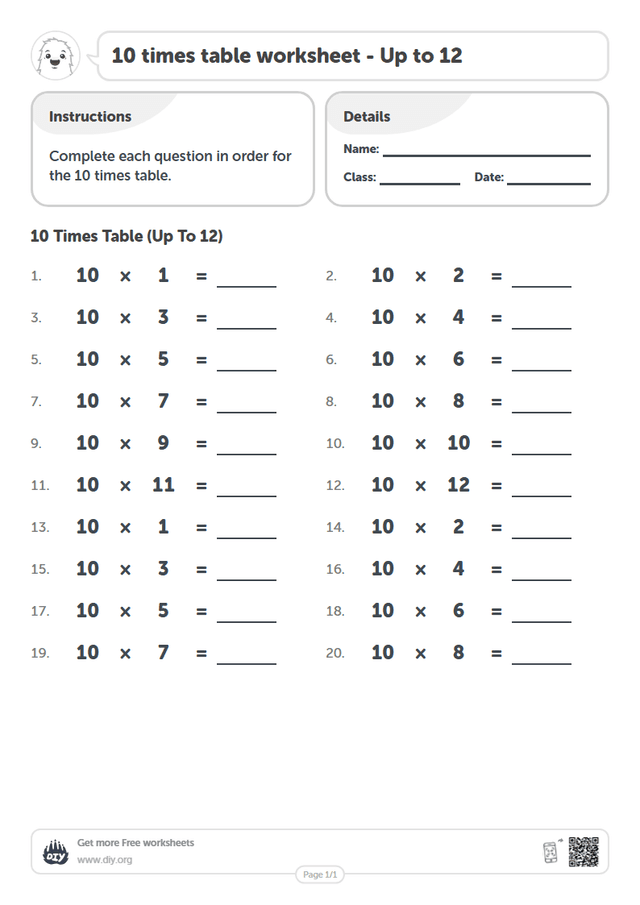 10 times table page 1