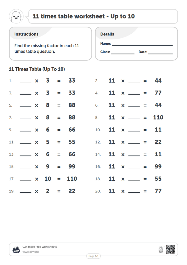 11 times table page 1