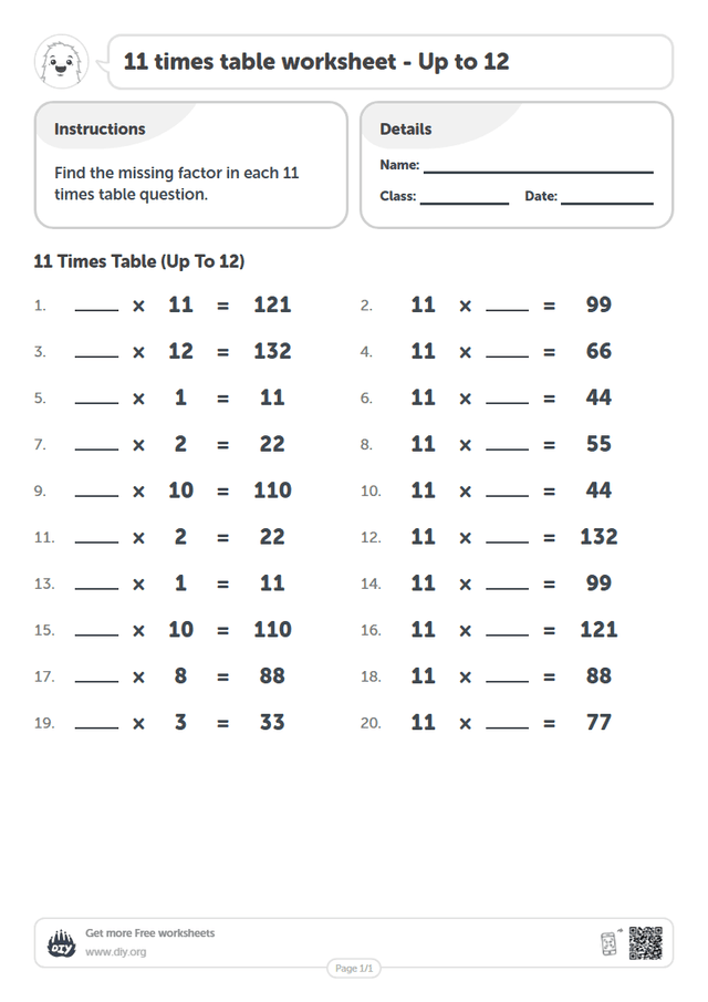 11 times table page 1