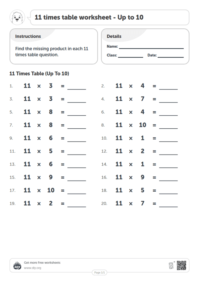 11 times table page 1