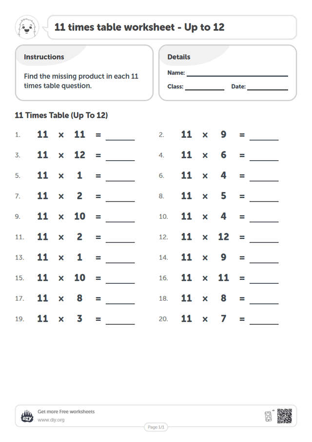 11 times table page 1