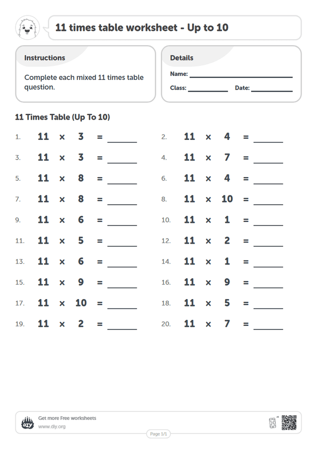 11 times table page 1