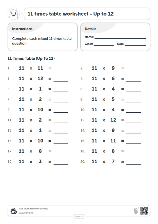 11 times table page 1