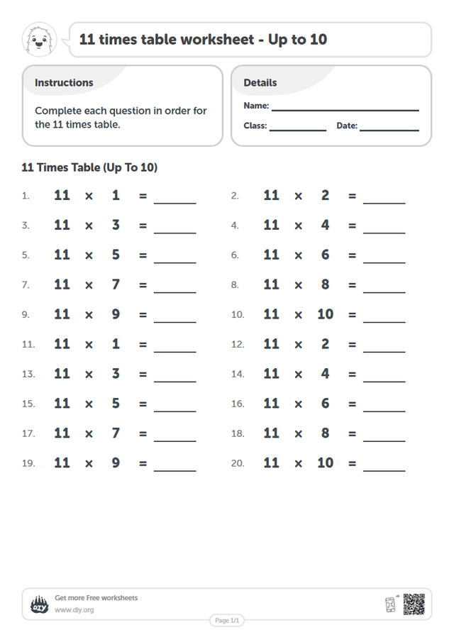 11 times table page 1