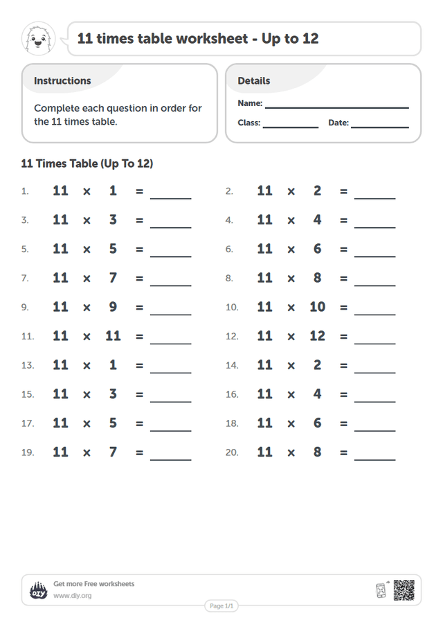 11 times table page 1