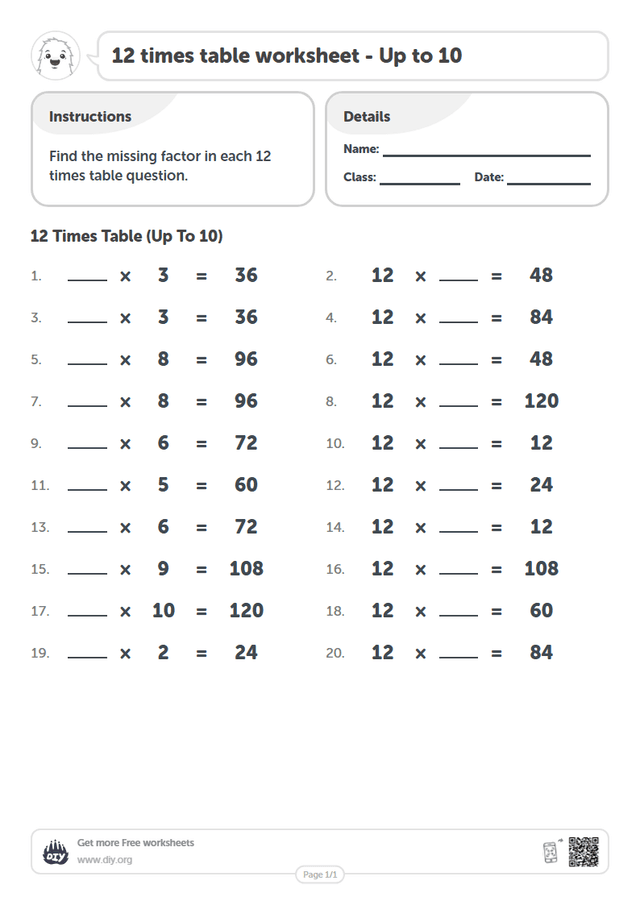 12 times table page 1