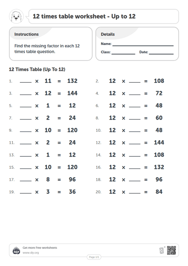 12 times table page 1