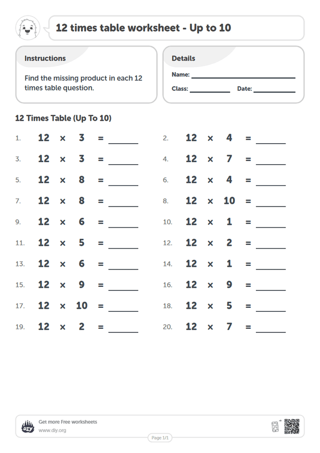 12 times table page 1