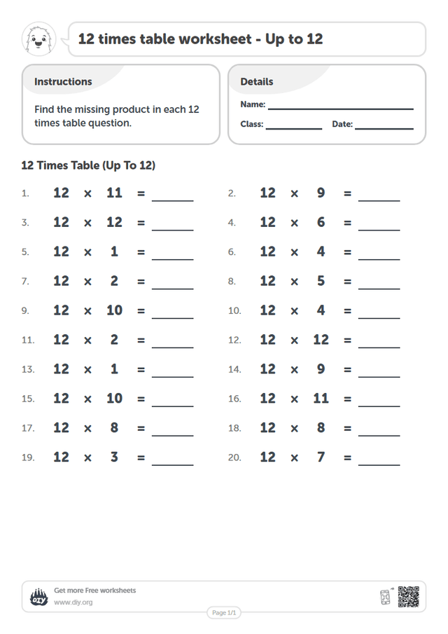 12 times table page 1