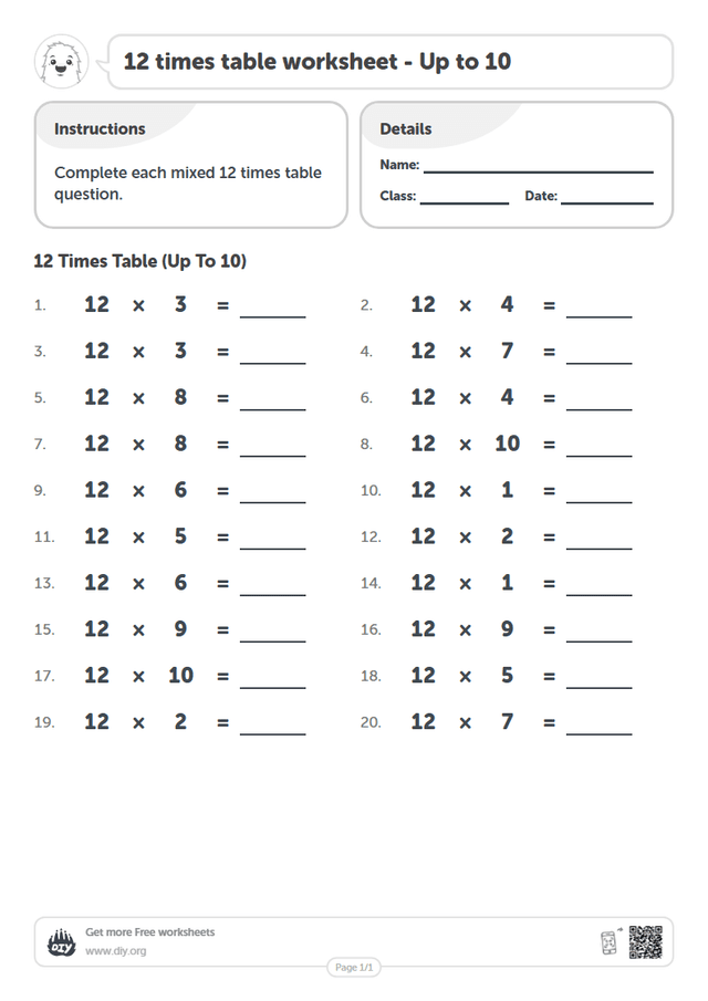 12 times table page 1
