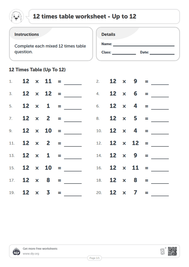 12 times table page 1