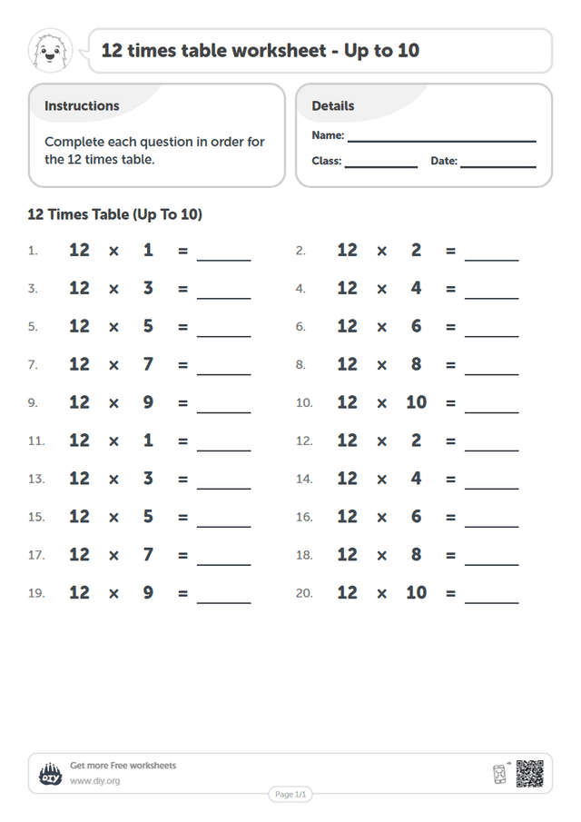 12 times table page 1