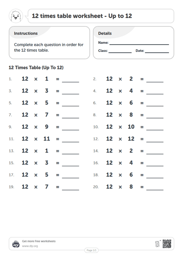 12 times table page 1