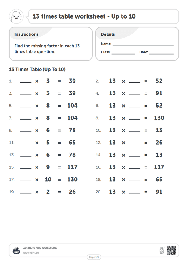 13 times table page 1