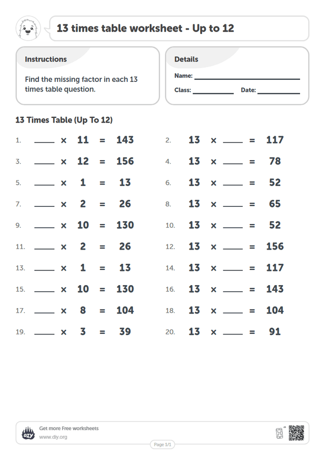 13 times table page 1