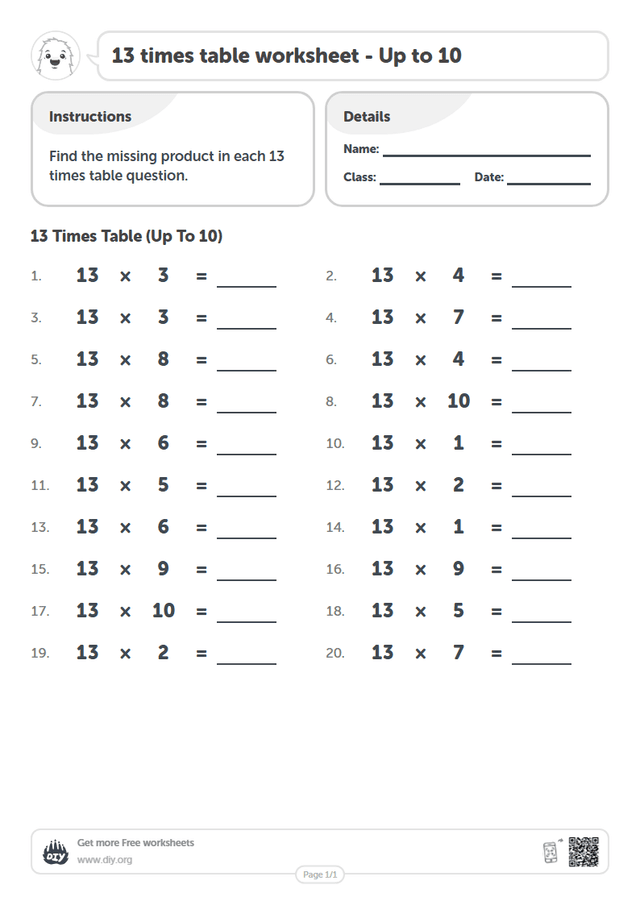 13 times table page 1