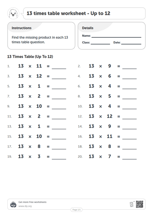 13 times table page 1
