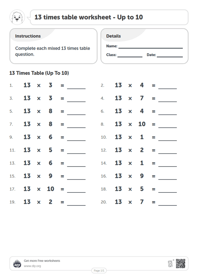 13 times table page 1