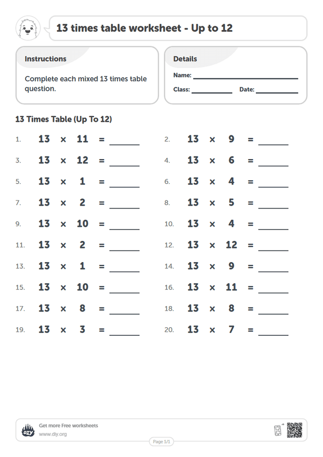 13 times table page 1