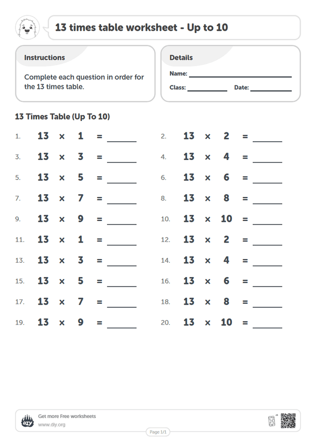 13 times table page 1
