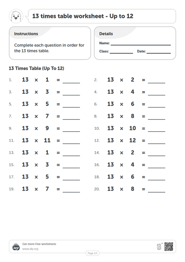 13 times table page 1