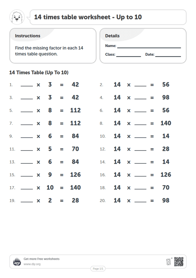 14 times table page 1