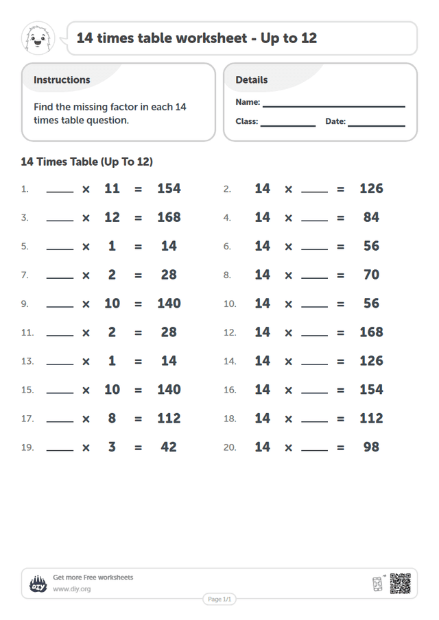 14 times table page 1