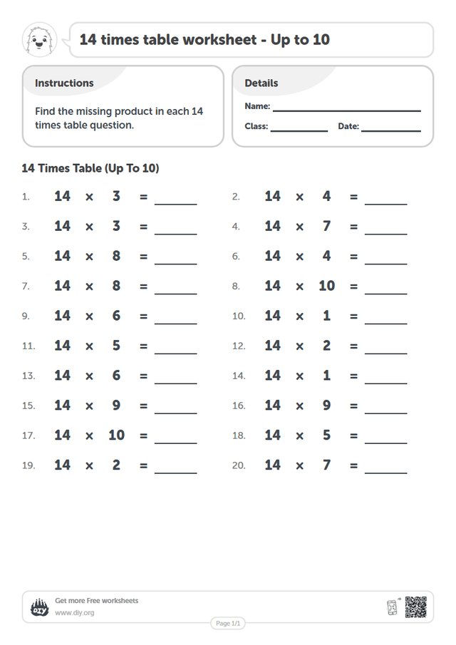 14 times table page 1