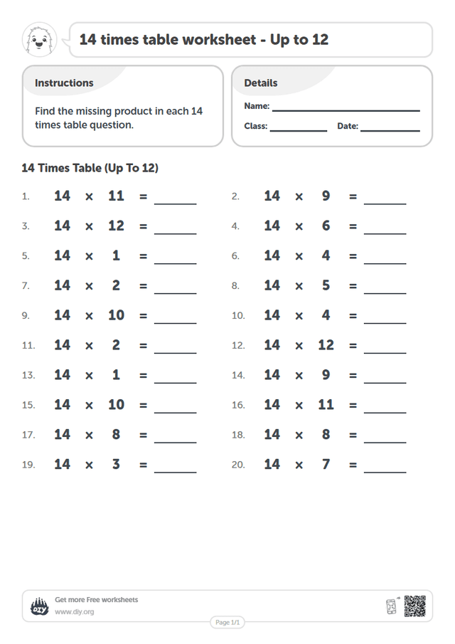 14 times table page 1