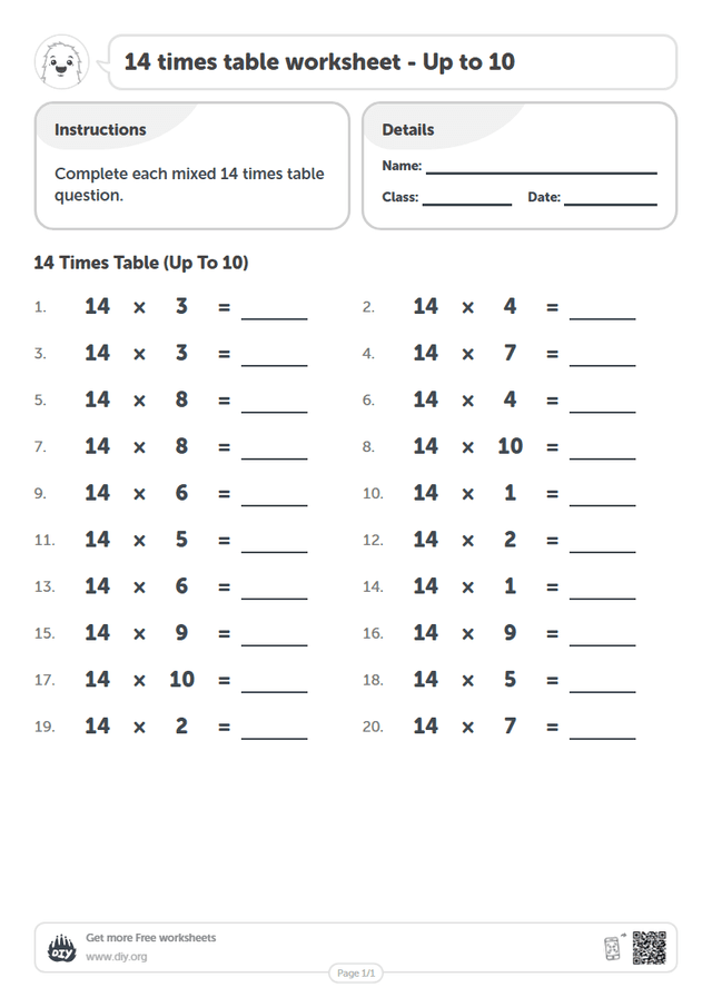 14 times table page 1