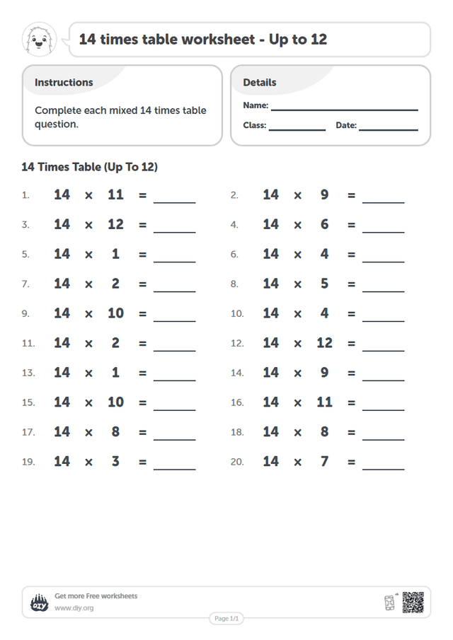 14 times table page 1