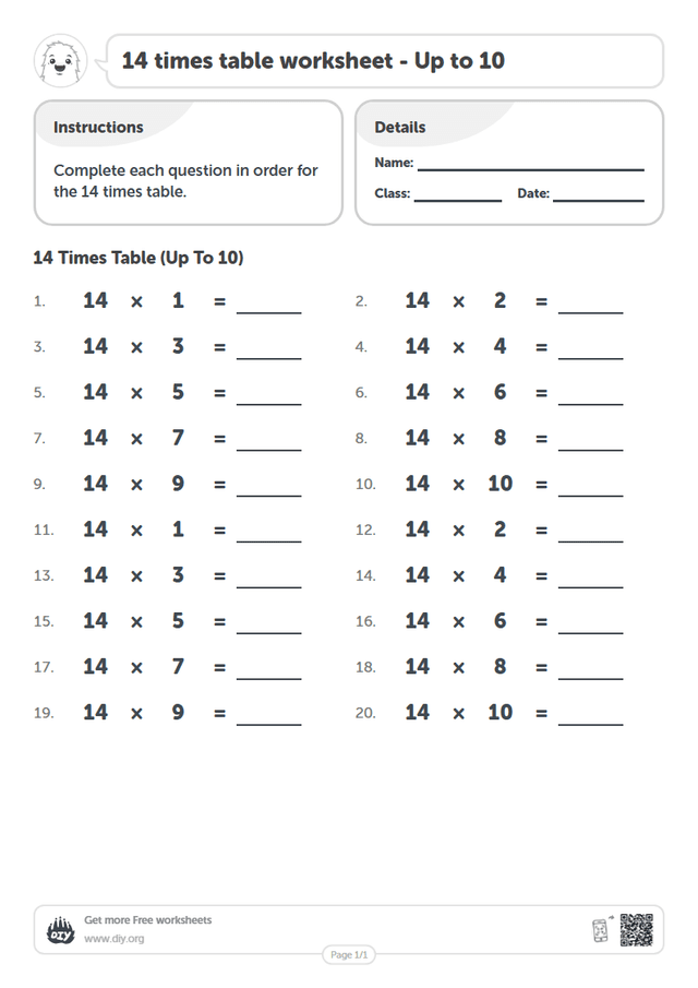 14 times table page 1