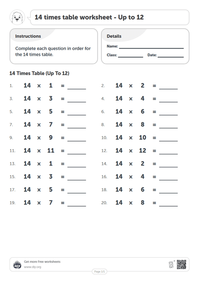 14 times table page 1
