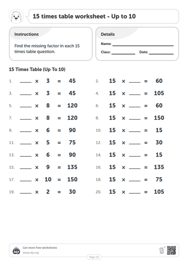 15 times table page 1