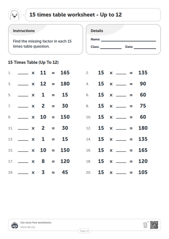 15 times table page 1