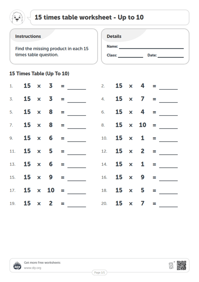 15 times table page 1