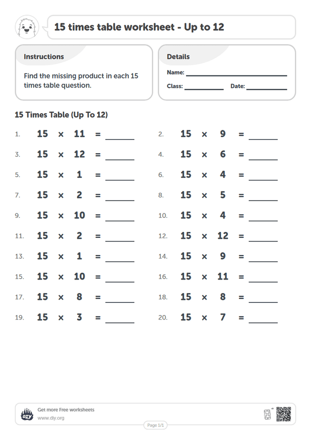 15 times table page 1