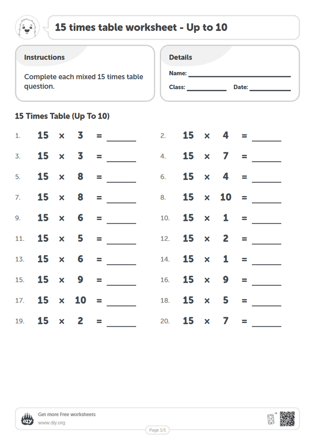 15 times table page 1